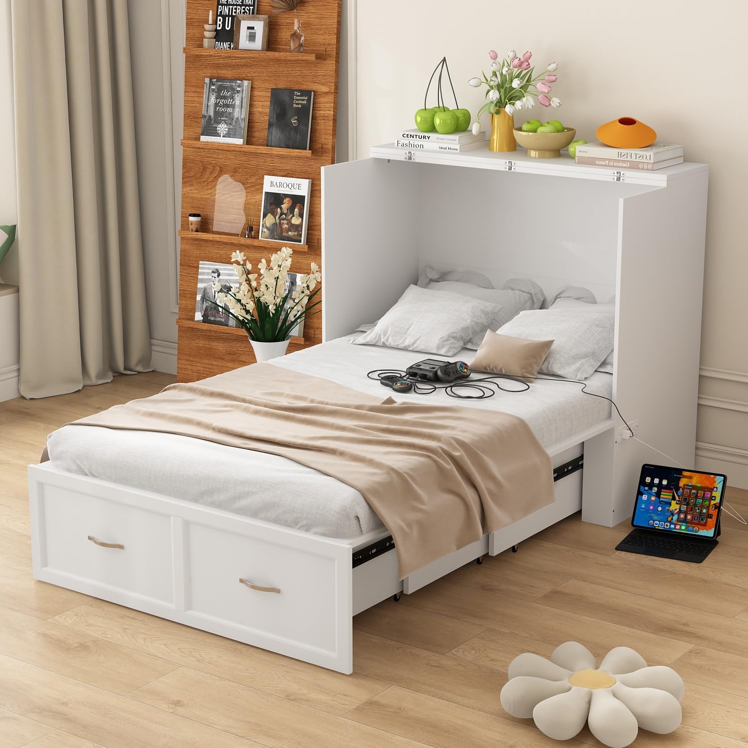 WOODTIME Twin Size Murphy Bed with Built-in Charging Station, 2-in-1 Bed Chest with Large Drawer, Space-Saving Foldable Cabinet Bed Frame for Bedroom Guest Room Office, White
