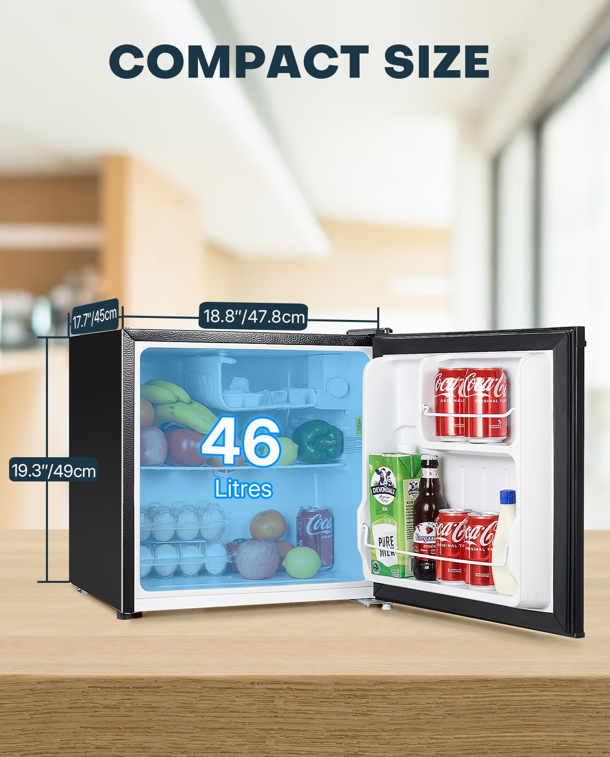 Upstreman Mini Fridge 46L, Table Top Fridge, Adjustable Thermostat, Energy Saving, Low Noise, Single Door Compact Refrigerator for Dorm, Compact Wine&Beers Cooling, Black — view 2