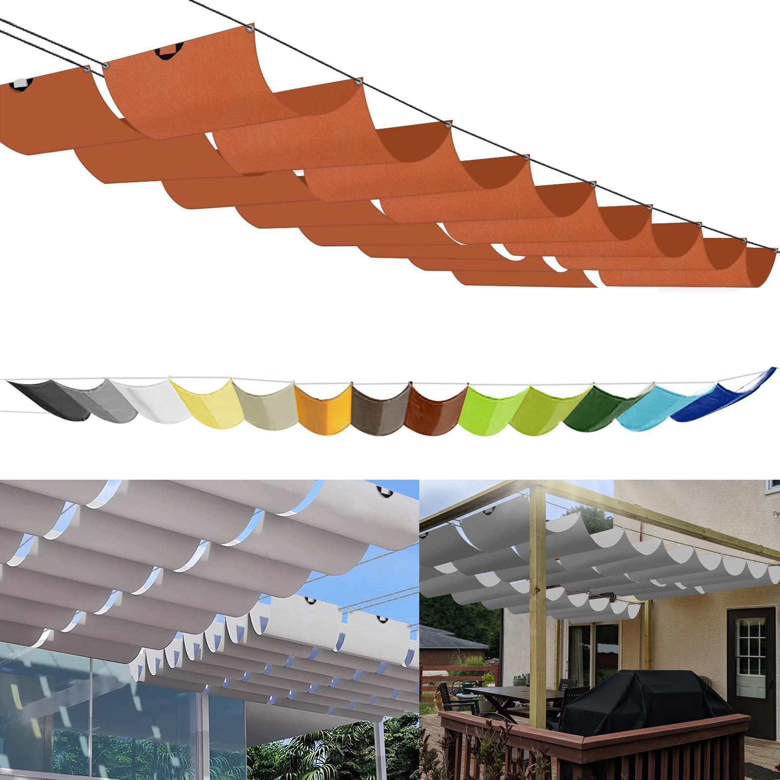 Ausziehbares Sonnensegel, UV-Schutz, reißfest, verstellbar, für Terrasse/Garten, inklusive Installat-Seilen, Rostrot, 2 Stück