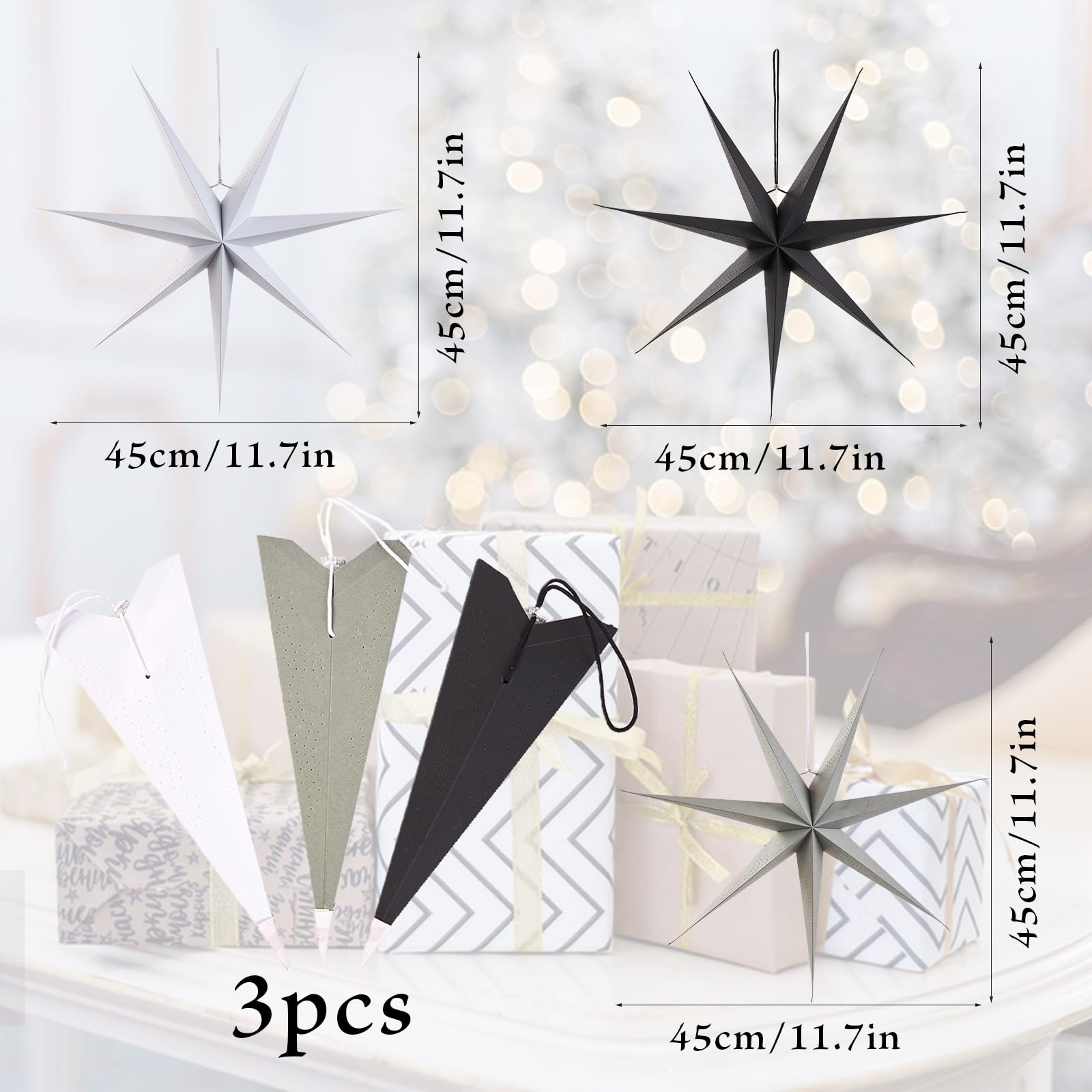 EASY JOY 5 Pcs Christmas Paper Stars Decorations 7-Pointed 12 Inch Natural Hanging Paper Star Lanterns Christmas Hanging Lamp for Holiday Xmas Party Home Indoor Decor - Image 3