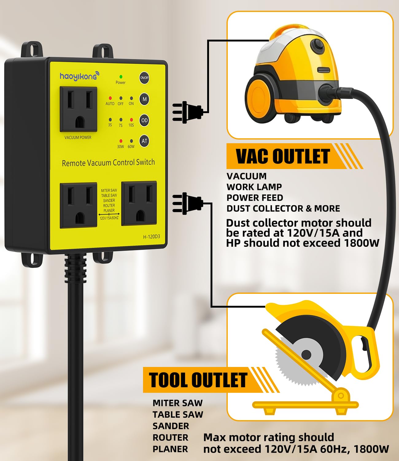 Automatic Vacuum Switch with Remote, 3/7/10s Delay Auto Vacuum Switch for Various Power Tools, Dust Collector On/Off Delay to Prevent Circuit Overload and Tripping, Keep Your Workplace Clean - yellow