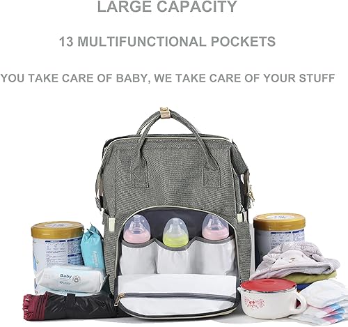 Miniatura 2 de Daerli Mochila para pañales con cambiador, Gris, Bolsa para pañales