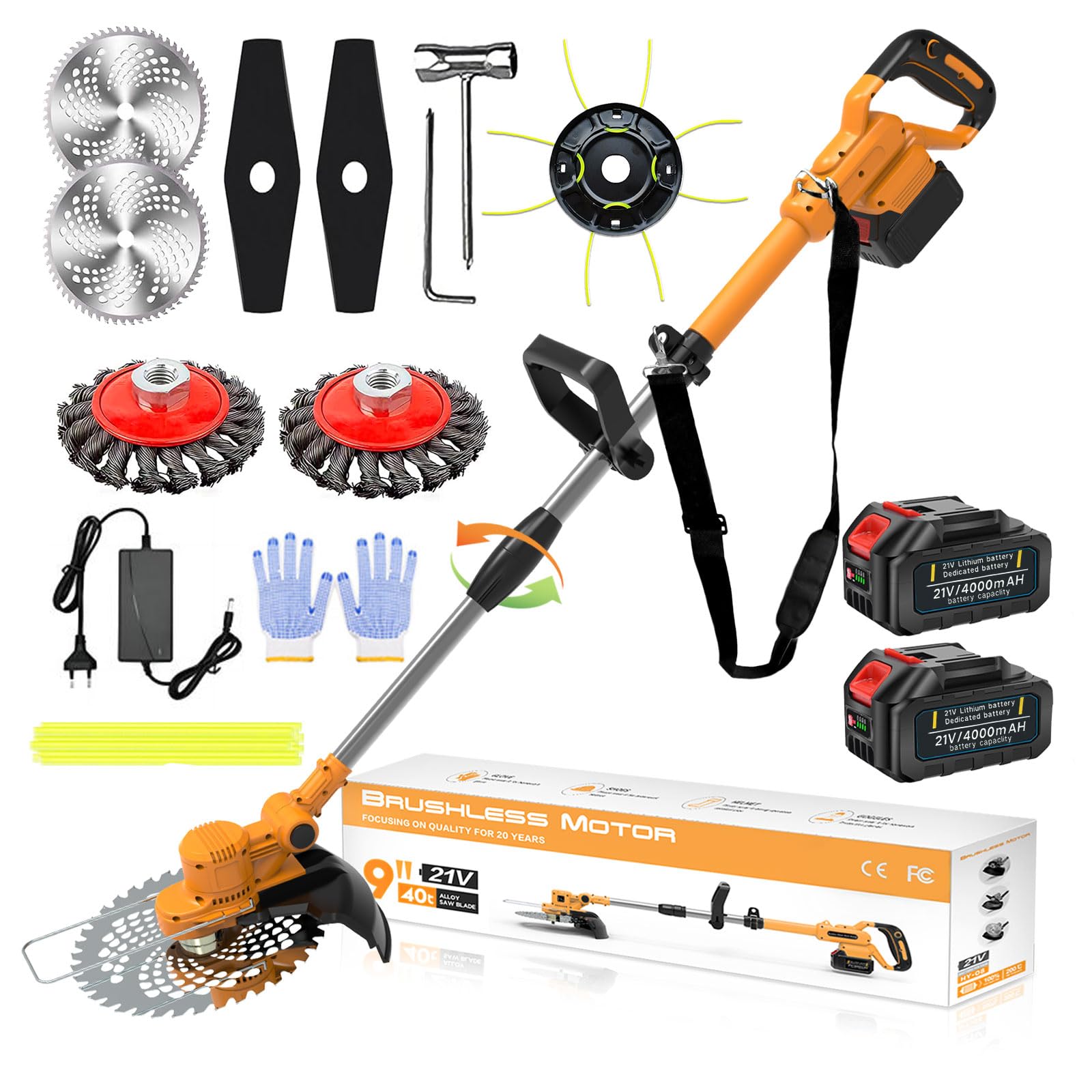 Coupe Bordure sans Fil avec Batterie 4 en 1 Debroussailleuse Electrique sans Fil 21V Débroussailleuse à Batterie Brushless avec 2 Batteries 4.0Ah, Brosse Désherbage et 1 Bobines,Orange,c