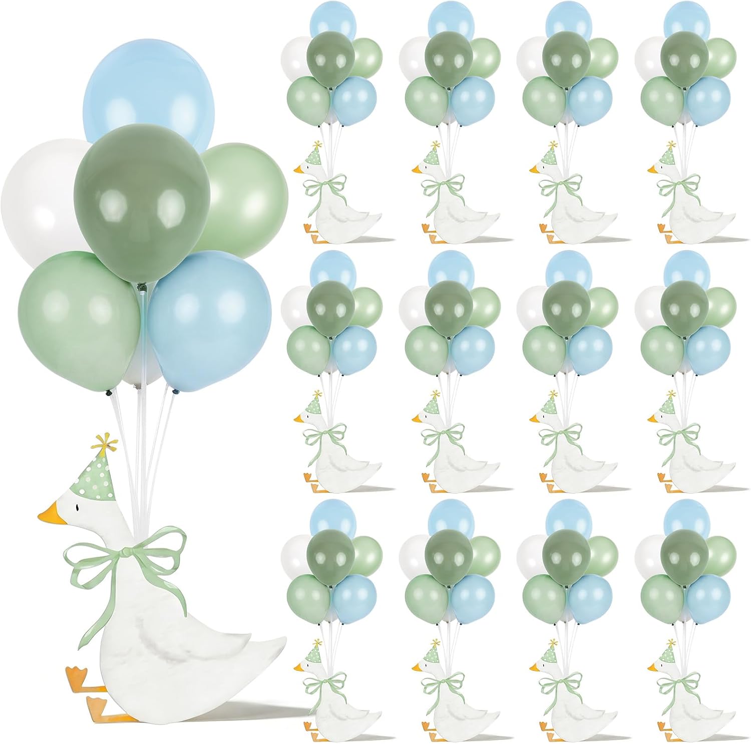 12 Sets One Silly Goose 1st Birthday Decoration Goose Balloon Stand Kit Baby Shower Centerpiece for Table with Blue and Green Balloon Gender Reveal Boy Girl Birthday Party Decor for Wedding Gift Favor