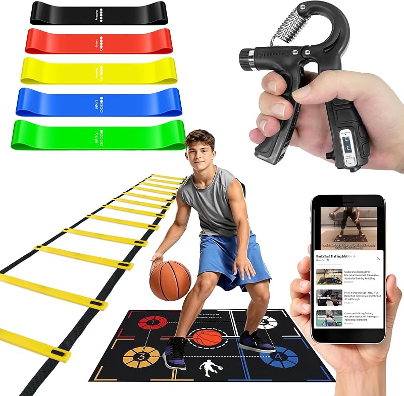 Basketball Training Equipment, Practice Training Mat, Dribble Trainer | Includes Basketball Training Mat, Agility ladder, Grip Strengthener, Resistance Bands, Improve Speed, Strength, ordination