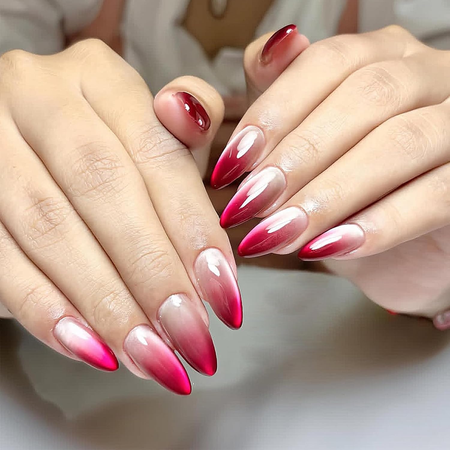 Red Ombre Press on Nails with Shimmer Design Glossy Glitter Full Cover Acrylic Fake Nails Medium Almond Reusable Gradient Glue on False Nail Stick on Fingernails for Women Daily Party Evening Wear