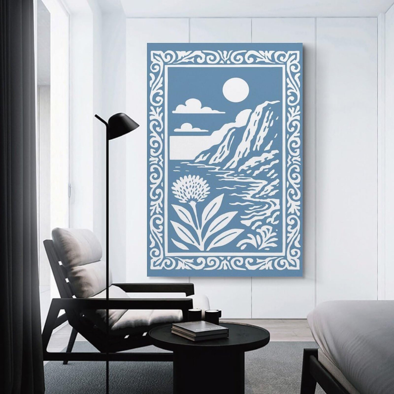 Junmoney Unframe-Style-13-1 Monochromatic Landscape With Floral Border Room Decor Wall Art, 16X24inch(40X60cm), For Home Office, Desk Area Or Studio, An Interior Accent For Desk Areas