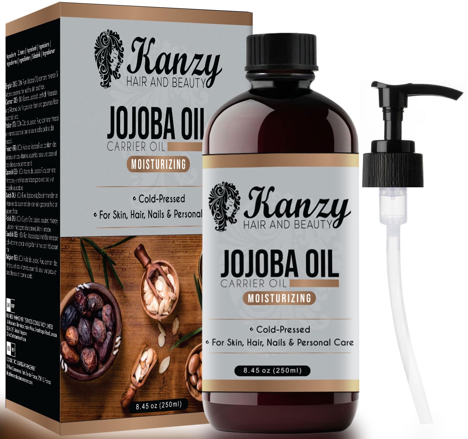 Kanzy Jojobaöl 250 ml Reines, Kaltgepresstes Öl für Haare, Haut, Nägel und Körper - Veganes & Tierversuchsfreies Träger und Massageöl