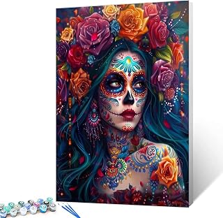 Skeleton Makeup Paint by Numbers Kits for Adult Day of The Dead Halloween Woman Painting Kits Sugar Skull Paint by Numbers Kits on Canvas Perfect for Gift Home Wall Decor Without Framed 16''W x 20''H