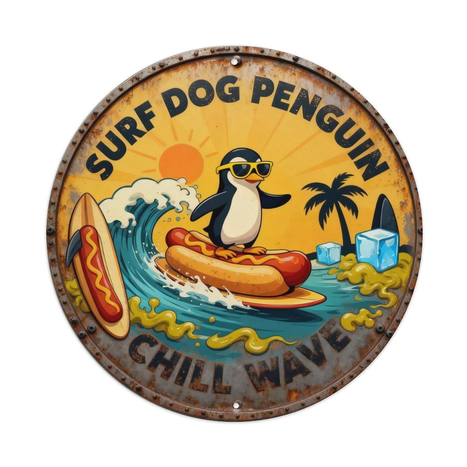 Surf Dog Penguin Sign Metal Tin Sign Plaque