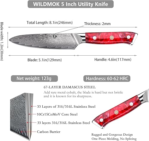 Miniatura 2 de WILDMOK Cuchillo de cocina de acero de Damasco de 5 pulgadas, cuchillo multiusos súper afilado para rebanar, cuchillo multiusos de cocina para