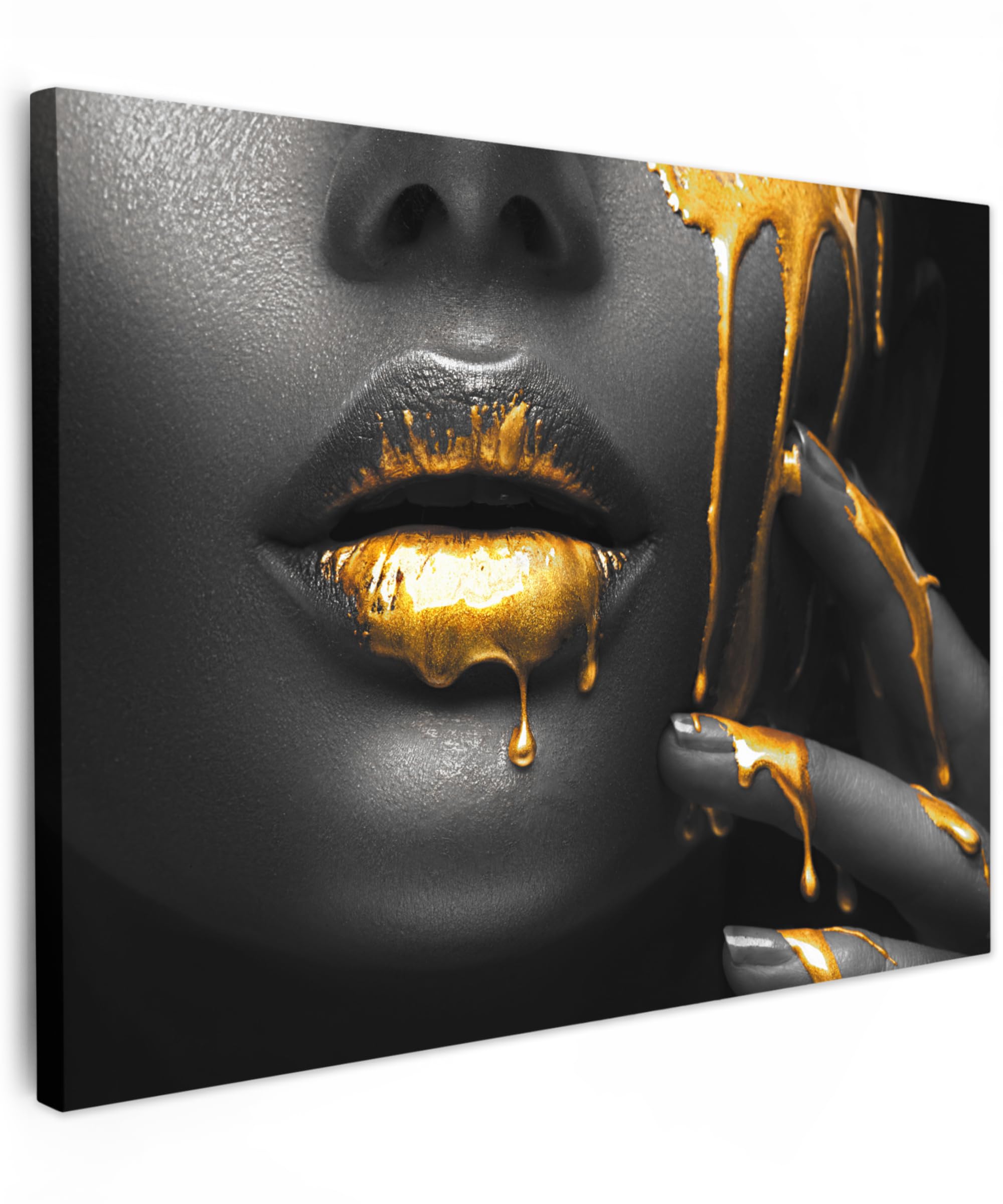 MuchoWow© Canvas Wall Art 16"x12" / 40x30 cm Decor Prints for Living Room Decorative Canvases Hall Artwork Woman - Black - Gold - Face - Lips