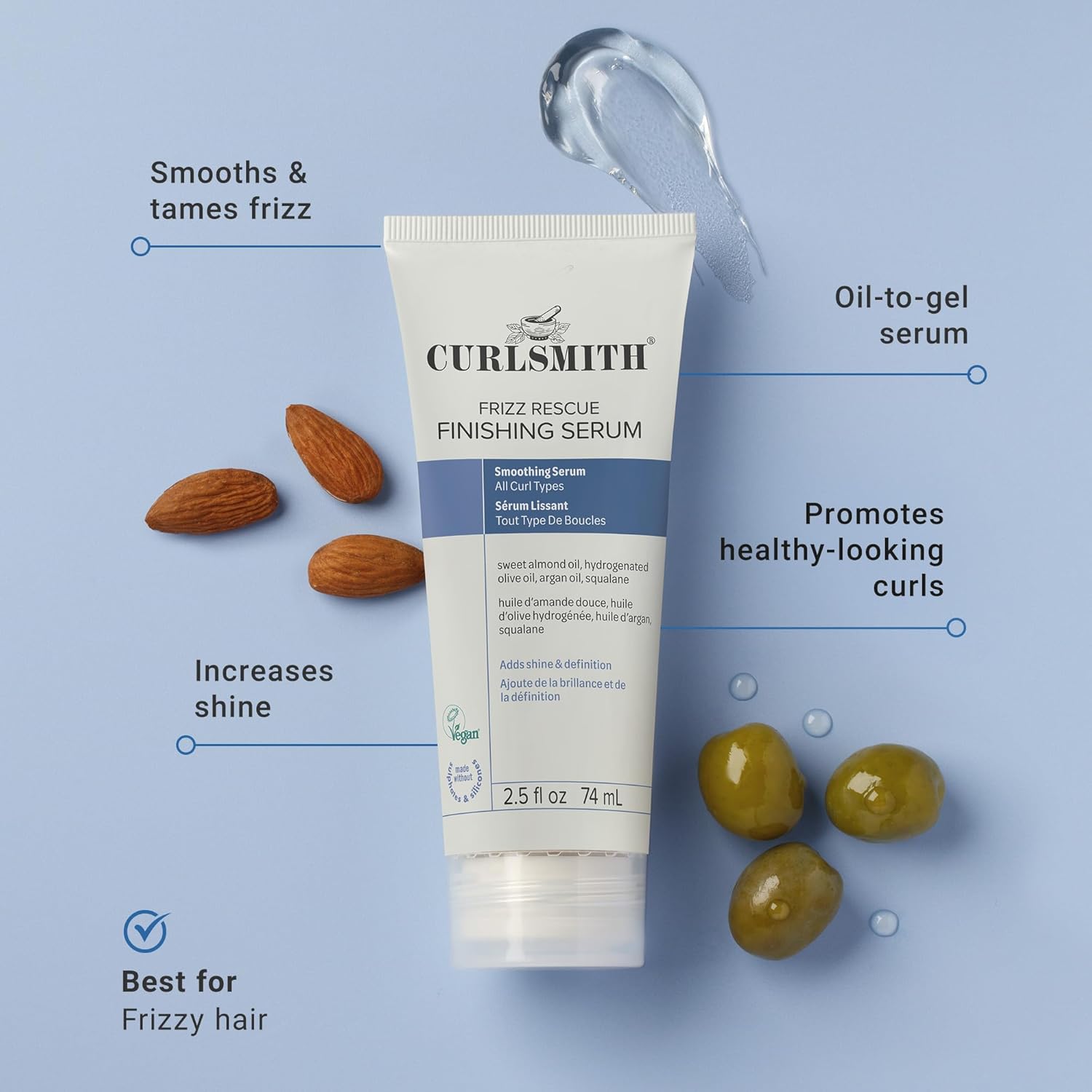 CURLSMITH Frizz Rescue Finishing Serum - Anti-Frizz Finishing Serum, Smoothing and Nourishing, For All Curl Types, Vegan & Cruelty Free (2.5 oz)