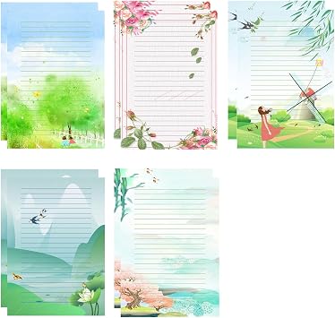 100 Lined Writing Stationery Paper, Beautiful Designs for Writing Letter, Notes, Invitations, Craft, 5 Different Style 11.7 x 8.26"