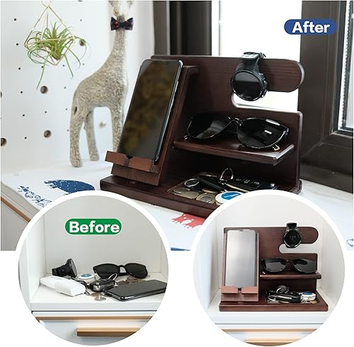 Miniatura 5 de Regalos para hombres estación de acoplamiento para teléfono organizador de mesita de noche estante de almacenamiento de escritorio con madera maciza