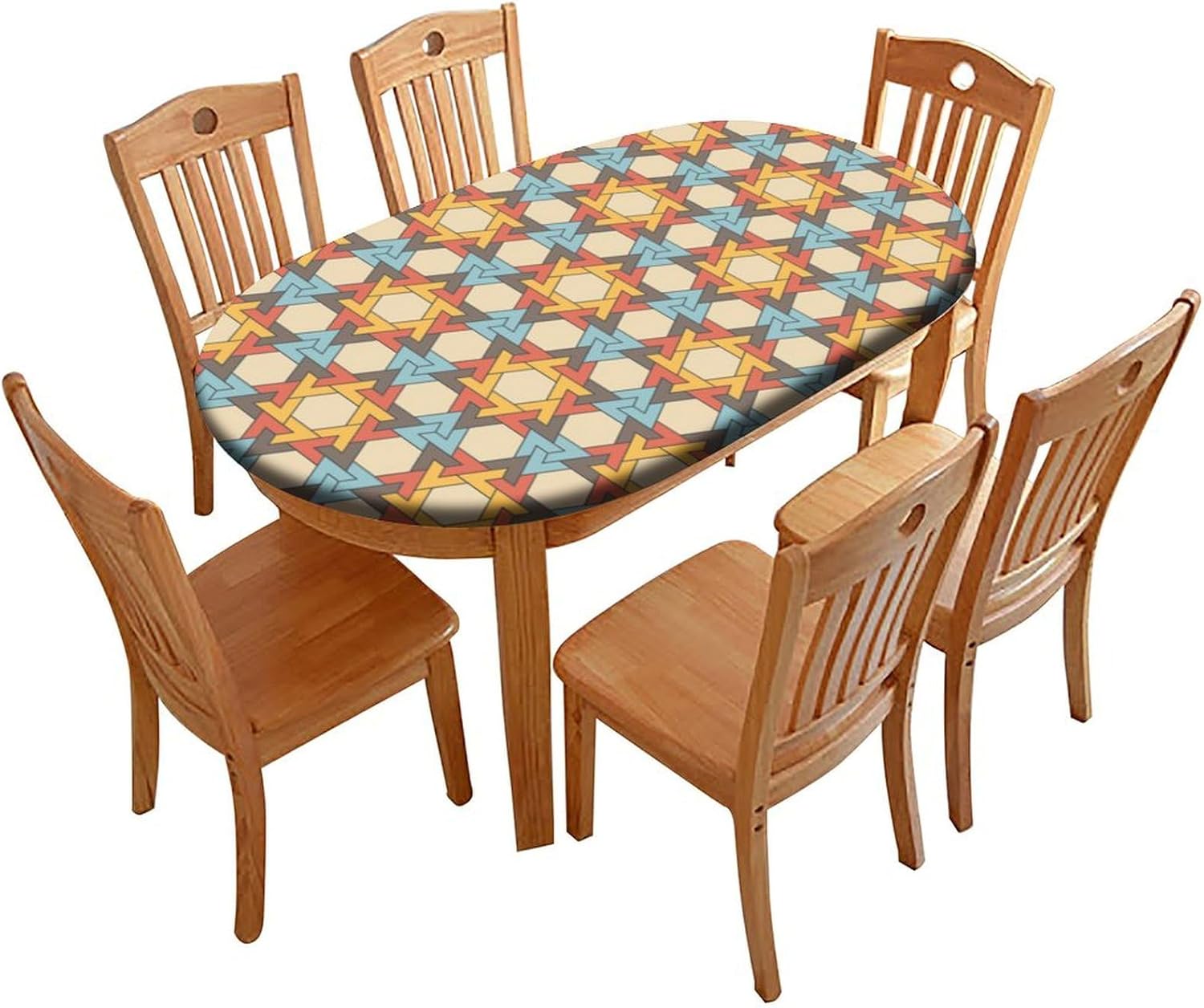 Oval Fitted Polyester Tablecloths, Geometric Pattern Elastic Edge Decorative Table Cover, Dust & Wrinkle Proof Fabric Tablecloth for Family Holiday Party Use, Fits for 48" x 68" Oval Table