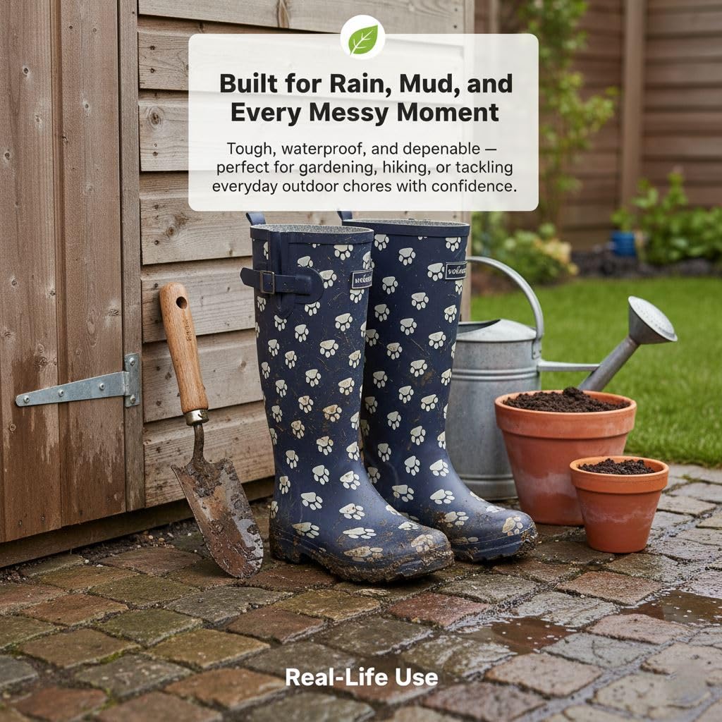 A2Z Botas de agua para mujer, impermeables, largas, con suela de goma, para jardín, festival, paseo de perro, estampado de patas azul marino, elegantes, cómodas, forradas, zapatos de mujer, talla 4 a