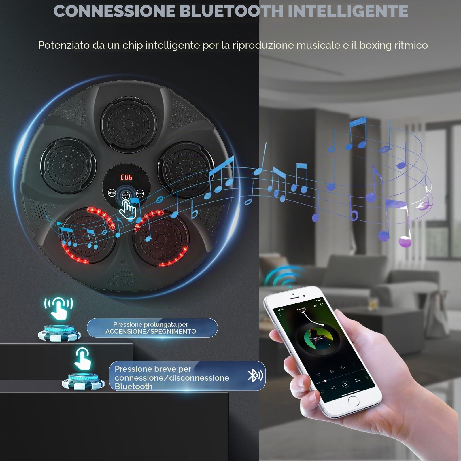 Music Wall Boxing, Macchina da Boxe Musicale Intelligente, Macchina da Boxe Elettronico con Connettività Bluetooth, 1 Paia di Guanti da Boxe, Uso Interno, per Bambini/Adulti