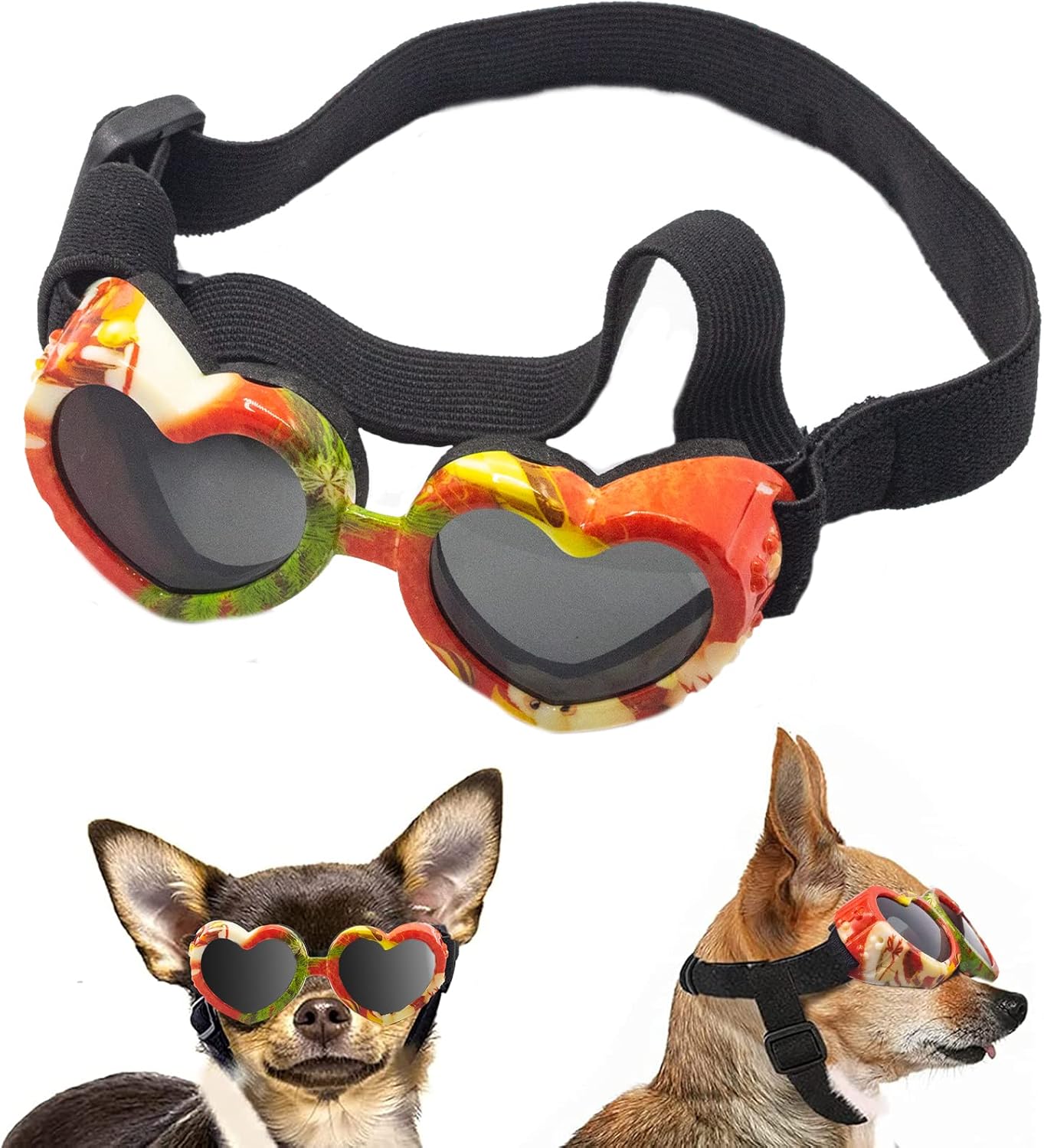 Dog Goggles, Christmas Small Dog Sunglasses, UV Protection Goggles with Adjustable Strap, Doggy Heart Shape Windproof Anti-Fog Pet Glasses for Puppy Eyes Wear Protective (Christmas-Red)