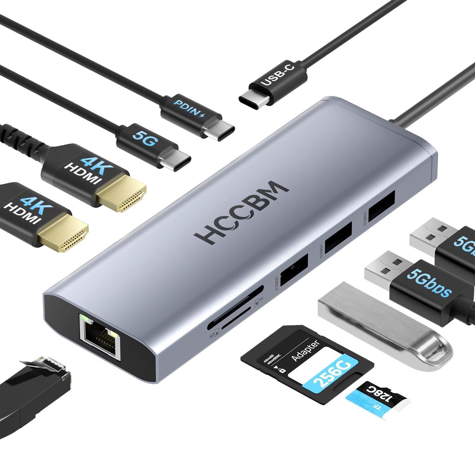 Stacja dokująca USB C, adapter z dwoma monitorami HDMI, 10 w 1 USB C Hub Dongle Dock z 2 HDMI 4K przy 60 Hz, ładowanie PD, SD/Micro SD do laptopa, MacBooka, HP/Dell/Surface/Thinkpada
