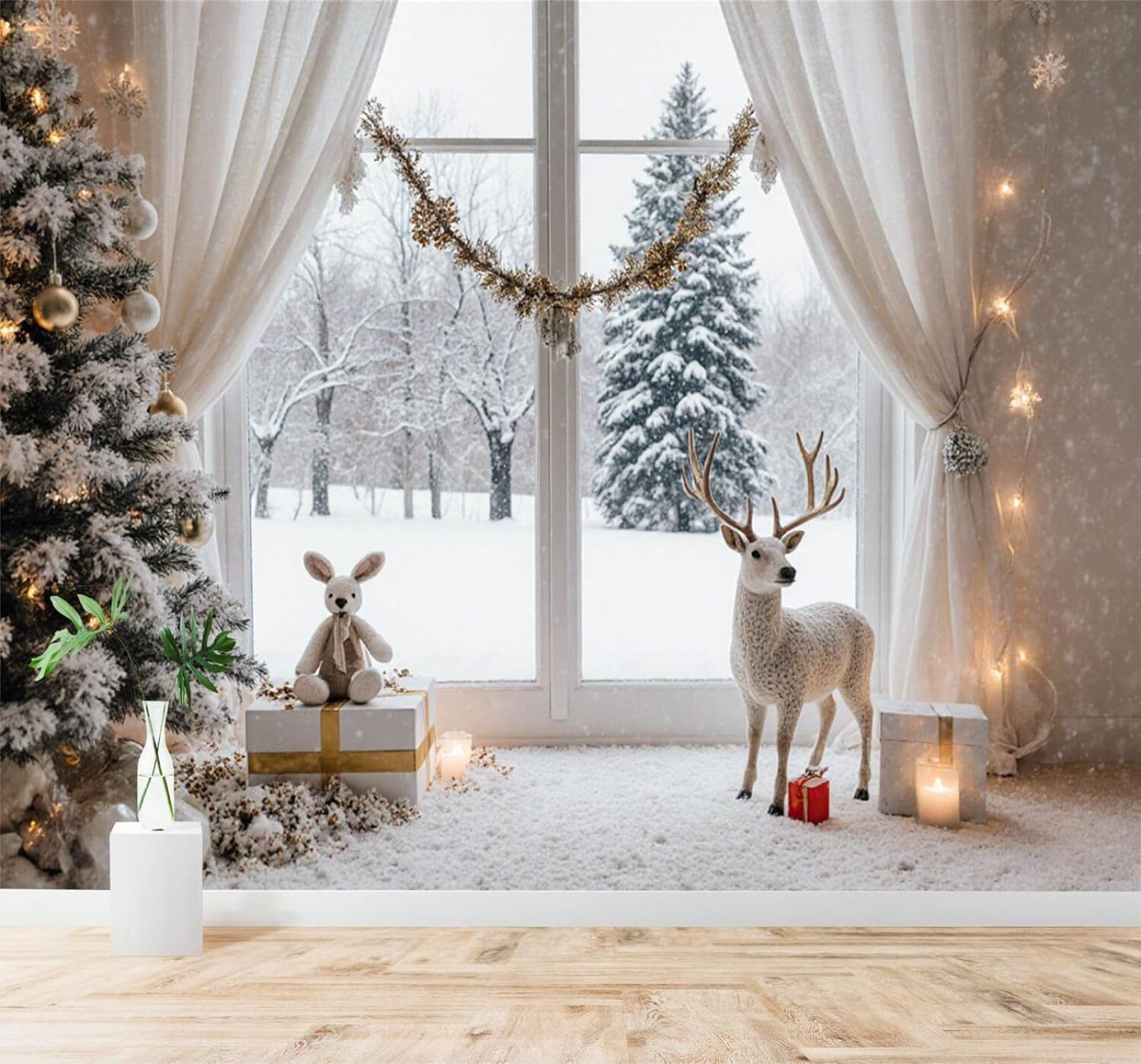 XLMING Winter Reindeer Forest Pine Trees Snowy Landscape 3D Wallpaper Silky Texture Home Study Office Grey Dining Room Sofa Bedroom Living Room TV Backdrop-350cm×256cm