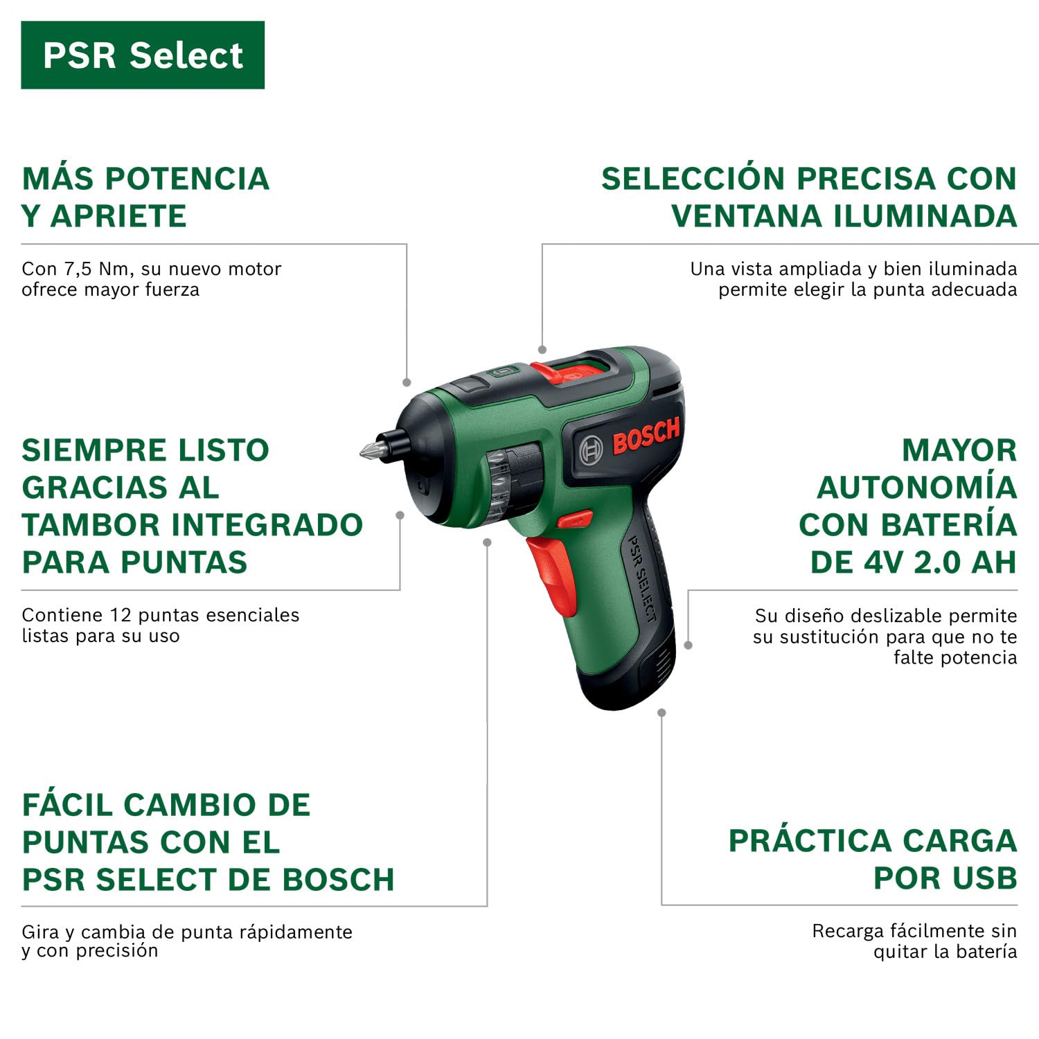 Bosch PSR SELECT Atornillador a batería (puntas, batería Compact Power BA 4V 2.0 Ah, caja de cartón)