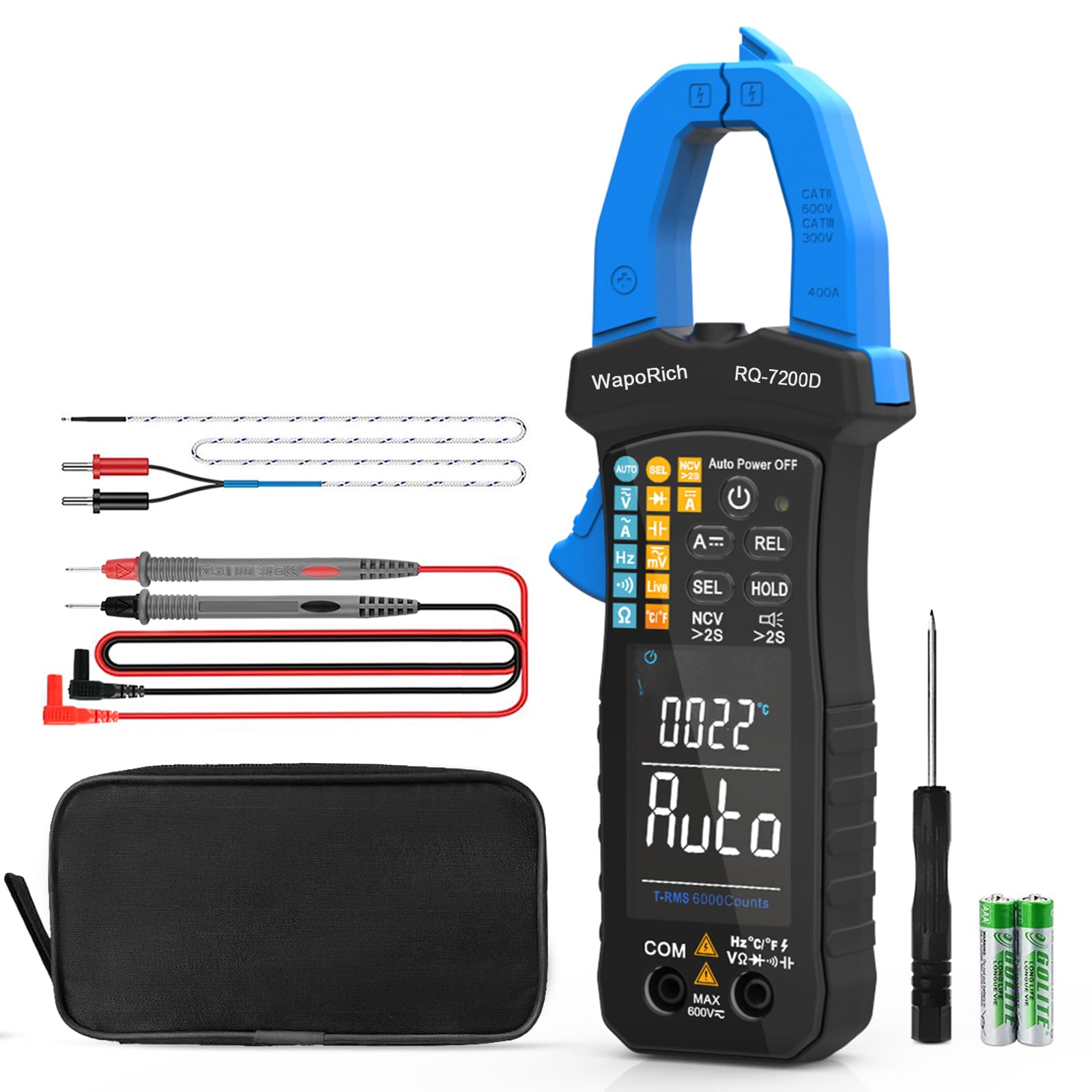WapoRich Digital Clamp Meter TRMS 6000 Counts Multimeter RQ-7200D Auto Range NCV AC DC Voltage Current Resistance