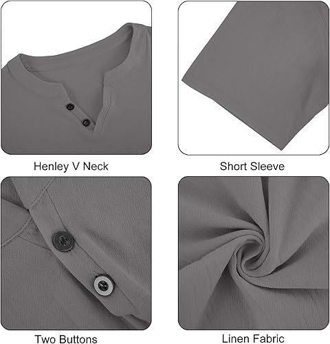 Miniatura 3 de Angbater Camisa corta de lino para hombre, estilo hippie, casual, para verano, ligera, tropical, Henley