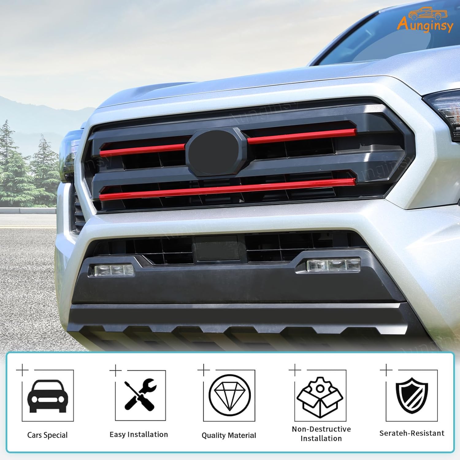 Aunginsy Car Front Bumper Grille Trim Strip Compatible with Toyota Tacoma 2024-2026, ABS Front Hood Grill Grille Mesh Insert Face Badge Center Strip Clip-in Grilles Guard Cover Decoration Accessories