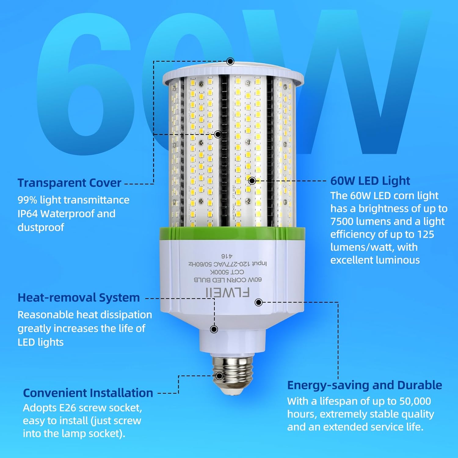 60W LED Corn Light Bulb, E26/E39 led Bulb, Large Mogul Base, 110/277v 5000K Daylight White Lamp, 13500 Lumen Replacement 400W HPS/MH for Outdoor Indoor Garage Warehouse Factory Backyard