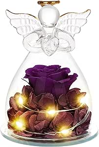 Sacredyna Preserved Rose Flower in Glass Angel Figurines with LED Light Gifts for Holiday Rose Flower,Birthday Gifts for Women Grandma Mom Festival Gifts from Daughter