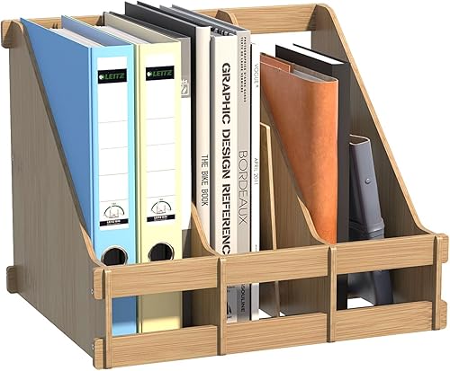 Organizador de bambú para revistas, organizador de archivos de escritorio, 3 compartimentos, divisores verticales de archivos, marcos de archivos,