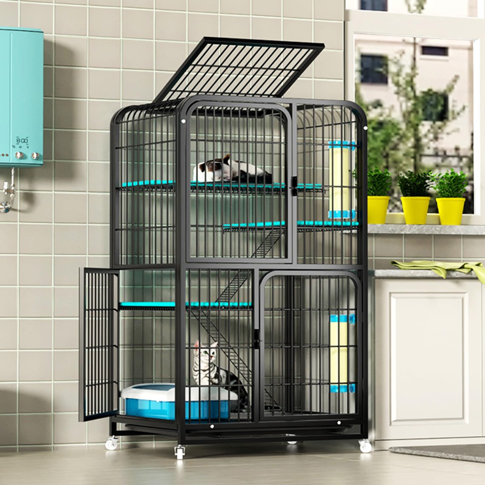Enclos extérieur pour chats d'intérieur grand espace 4 niveaux avec roues