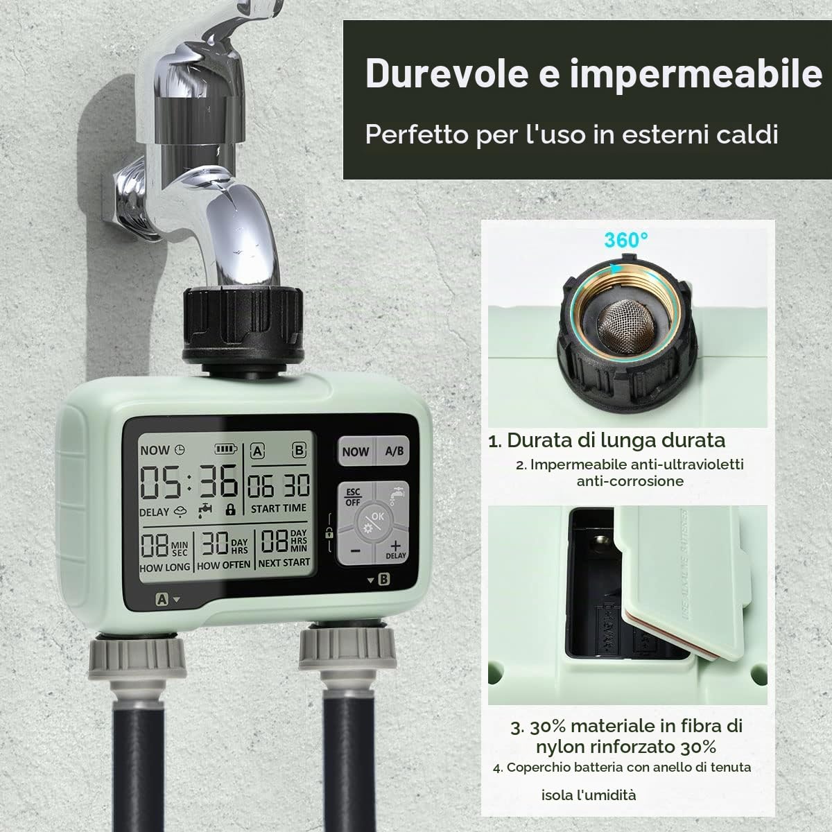 Timer Irrigazione 2 vie, Computer Giardino Irrigazione Timer,Timer Acqua Giardino Programmabile con Ritardo Pioggia, Modalità di Irrigazione Automatica e Manuale, per Giardino, Prato, Patio, Fattoria