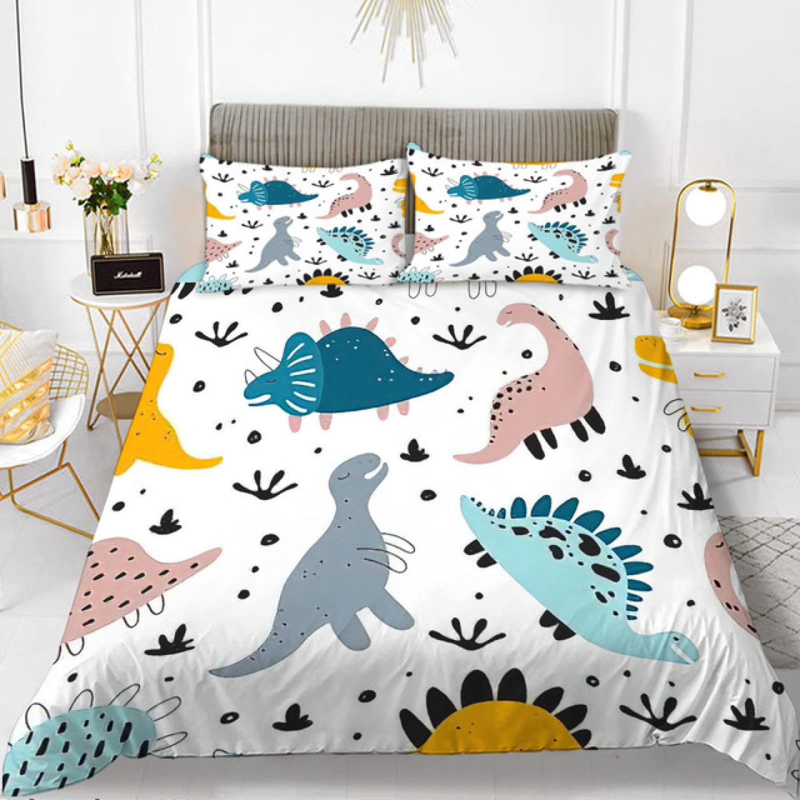 Funda Nordica Cama 105 Dinosaurio Juego de Ropa de Cama Cálido Transpirable Microfibra para Infantil Juvenil con Cremallera, 1 Funda Nórdica 200x220 cm + 2 Fundas de Almohada 50x75 cm
