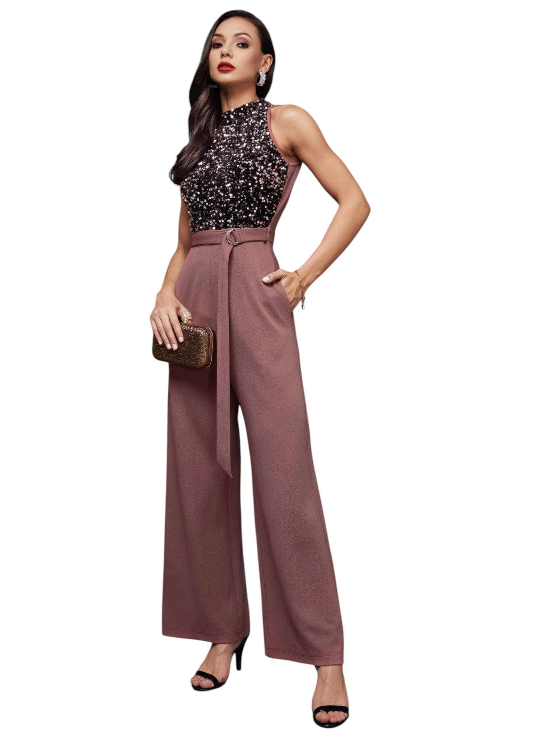 Women's Sleeveless Embellished Halter Neck Regular Jumpsuit (MCSS25D91-83-271-04, Mauve, M)