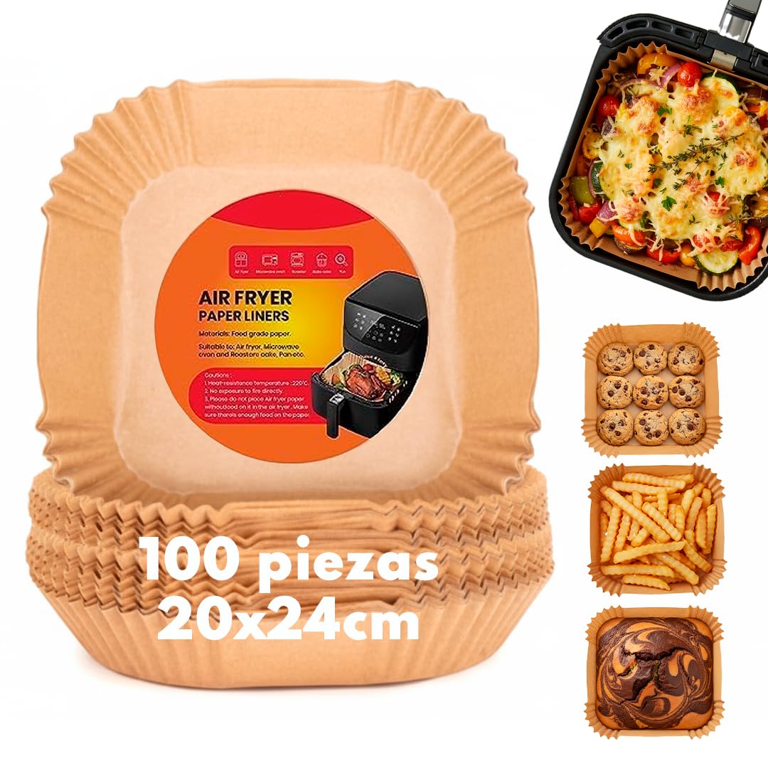 Papel Air Fryer 100 unds para freidora de aire - accesorios Freidora de Aire cuadrado de 20 cm -Bandejas Desechables - compatible con cosori