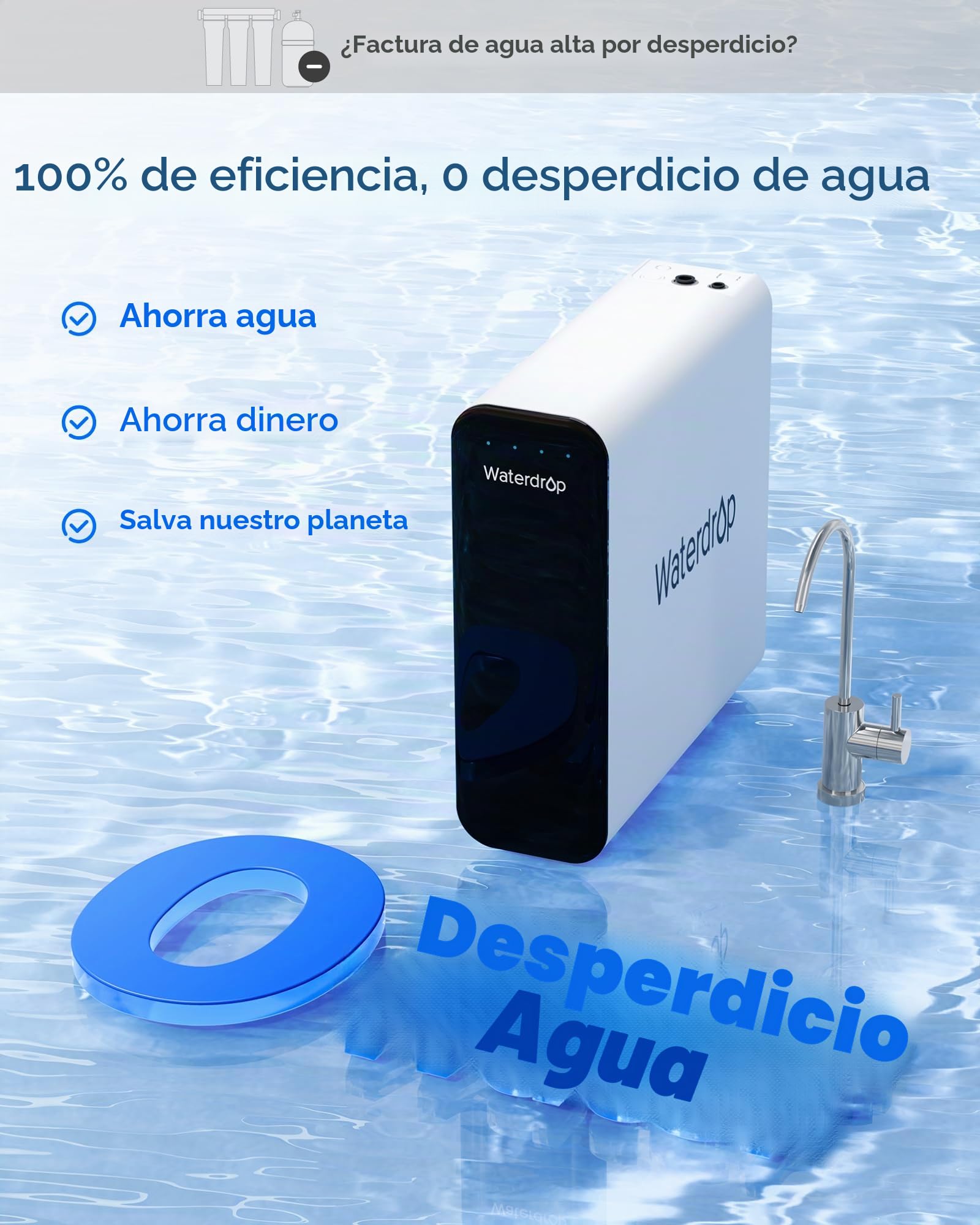 Waterdrop TSU 0,01 μm Sistema de Filtro de Agua Debajo del Fregadero de Ultrafiltración, Alta Capacidad de 3 Etapas, Panel Inteligente, Sin Aguas Residuales, Reducir PFAS, PFOA/PFOS