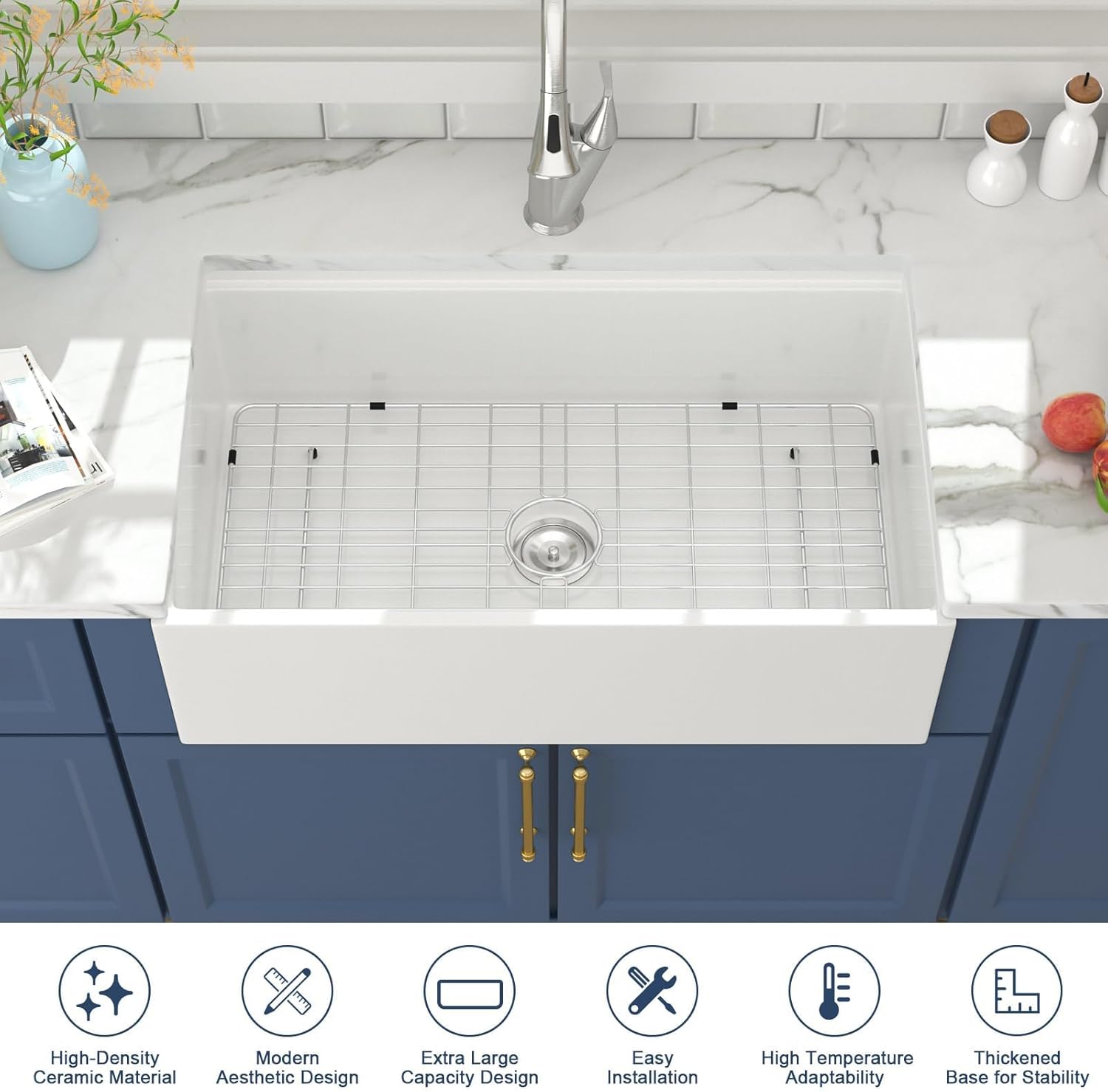 White Farmhouse Sink 33 Inch Kitchen Sinks Workstation Flat Fireclay Porcelain Ceramic Single Bowl Farm Sinks 33x20x10 Inch with Red Wooden Cutting Board