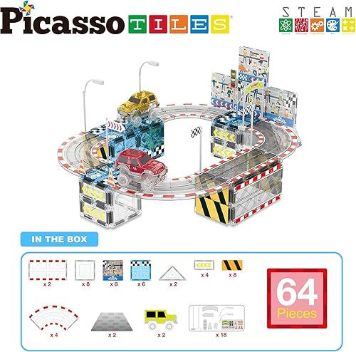 Miniatura 2 de PicassoTiles Juego de pista de carreras de azulejos magnéticos con camiones, juguete de aprendizaje STEAM para niños a partir de 3 años