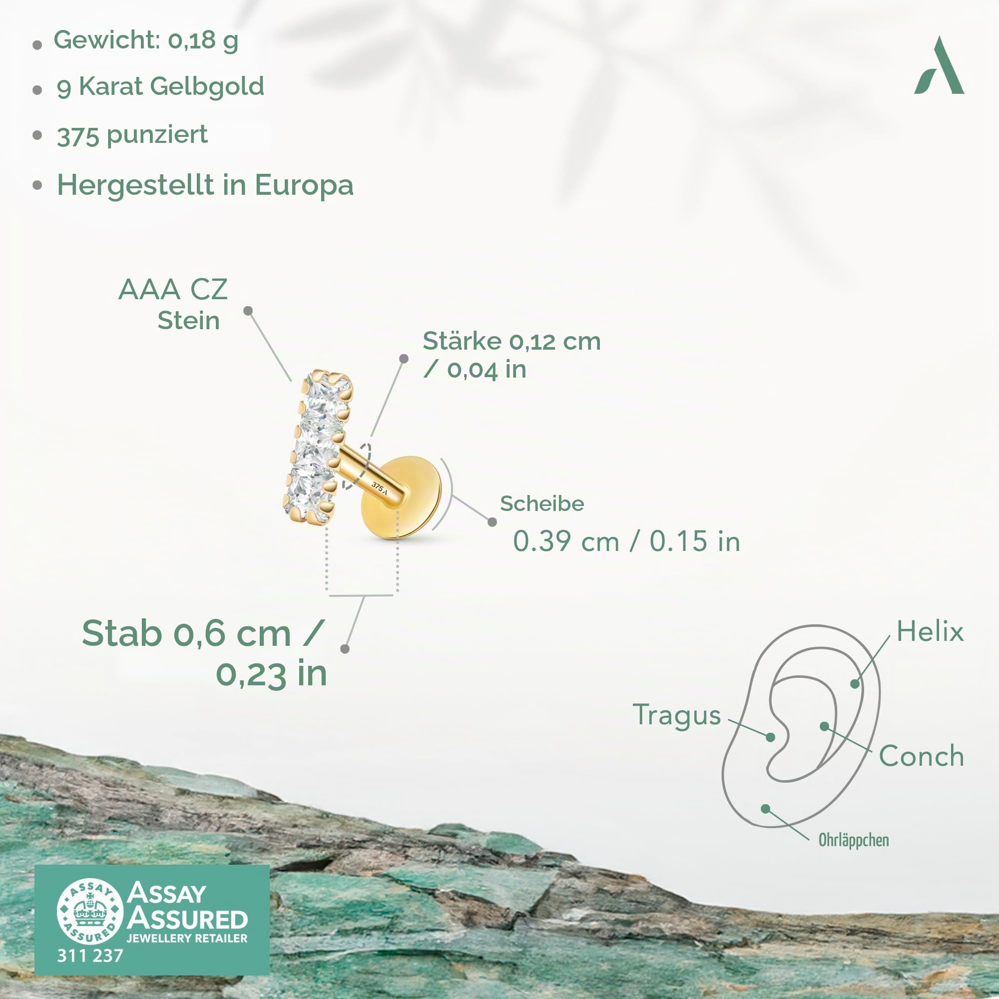 Amberta 9 Karat Gold Piercing Stecker Ohrringe für Damen Und Herren | 16G Helix Ohrstecker Gold | 1,2 mm Stärke Tragus Piercing Gold | Conch Piercing Gold