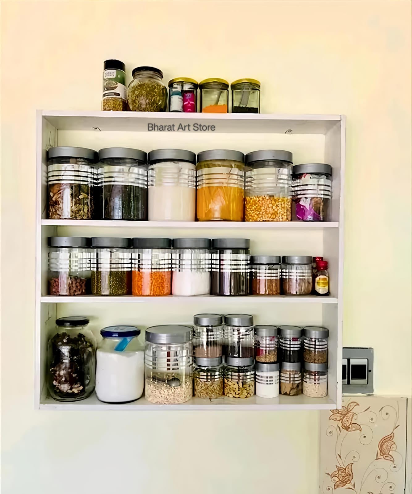Bharat Art Store Wall-Mounted Wooden Kitchen Organizer Shelf, Rustic White Storage Rack for Spices, Jars, Utensils, Multipurpose 3-Tier Display Stand-image-43