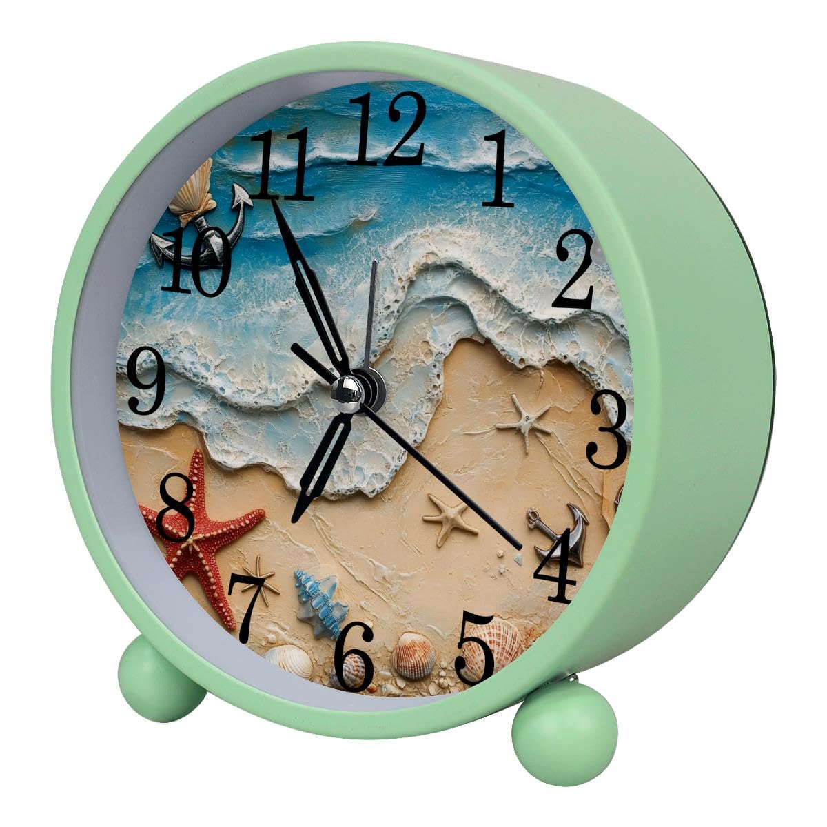 Luoweisi Alarm Clock Beach Starfish Seashells, Silent Non-Ticking with Night Light, Round Metal Alarm Clock for Office, Battery Operated, Bedroom, Elderly, Adults, Children, Student Gifts