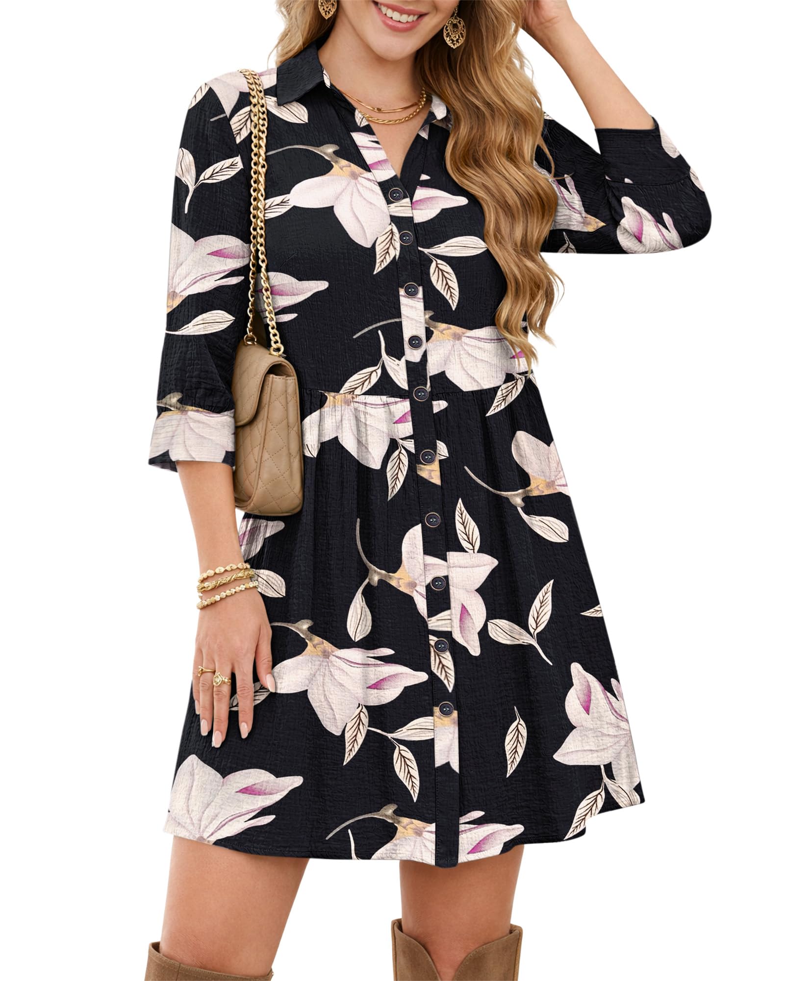 WNEEDU Kleid Damen Sommer 3/4 ärmel Blusenkleid A Linien Sommerkleid Kurz Elegant V-Ausschnitt Strandkleid Minikleid mit Taschen