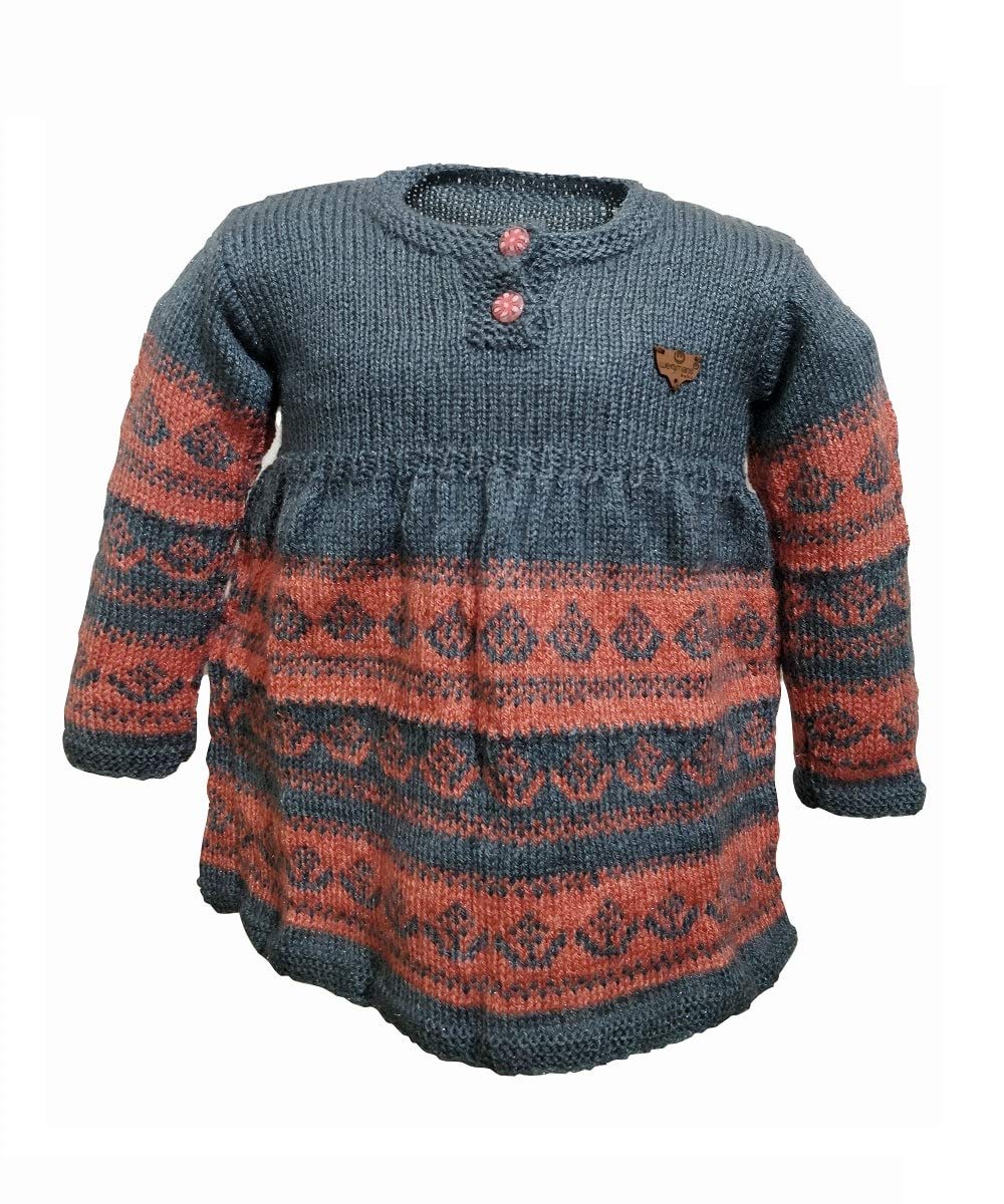 Wegmans Kids Winter Wear Frock Dress Red Grey Handmade Woolen Sweater for Baby Girls