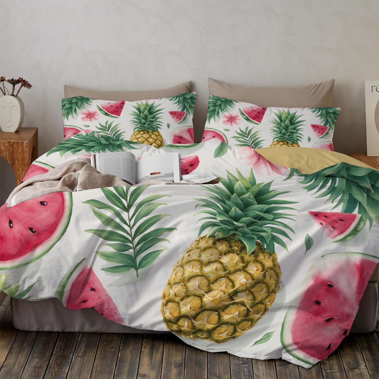 Housse de Couette Aquarelle 220x240cm Ananas Pastèque avec 2 Taies d'Oreiller Beige