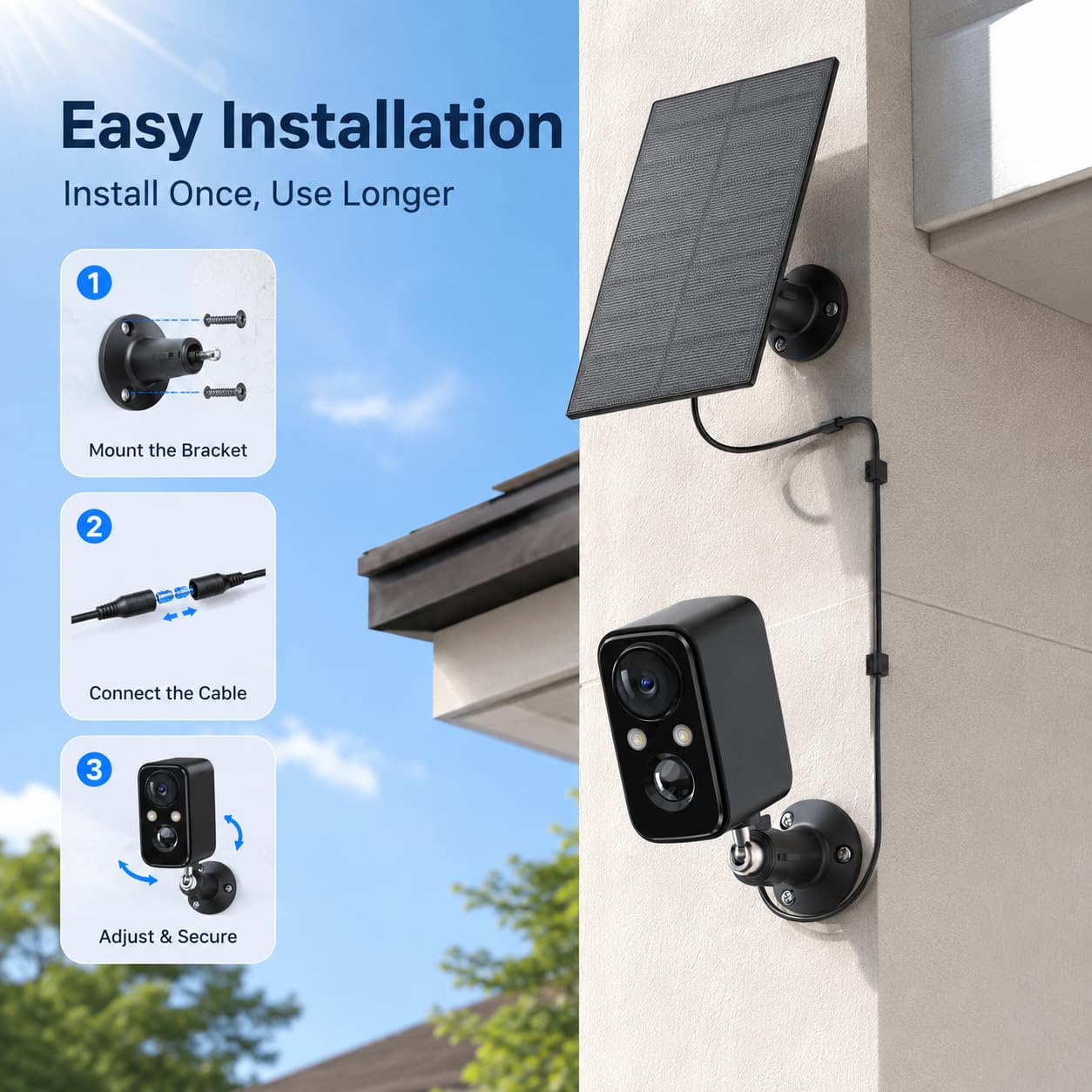 Pack de 3 Cámaras WiFi Solares para Exterior 2K, Seguridad para Hogar con Foco, Visión Nocturna a Color, Sensor PIR, Audio Bidireccional e Impermeable IP66