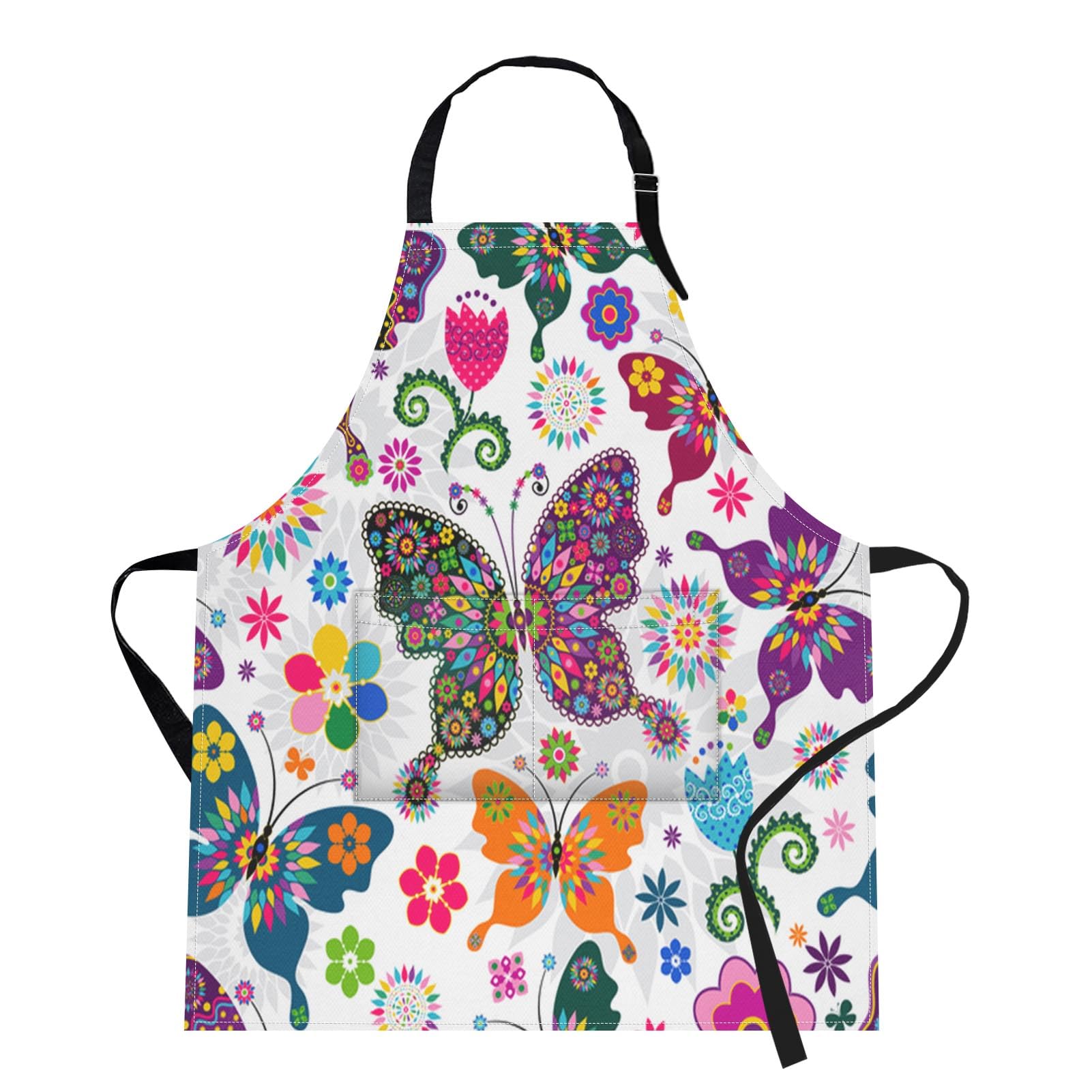 Butterfly Apron Floral Colorful Butterflies Flowers Aprons Kitchen Cooking Gardening for Women With Pockets