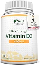 Nu U Nutrition - Vitamin D 4000IU - 365 Softgel Capsules not Tablets - 1 Year Supply - Quadruple Strength - Easy to Swallow - Vitamin D3 Supplement - Made in The UK