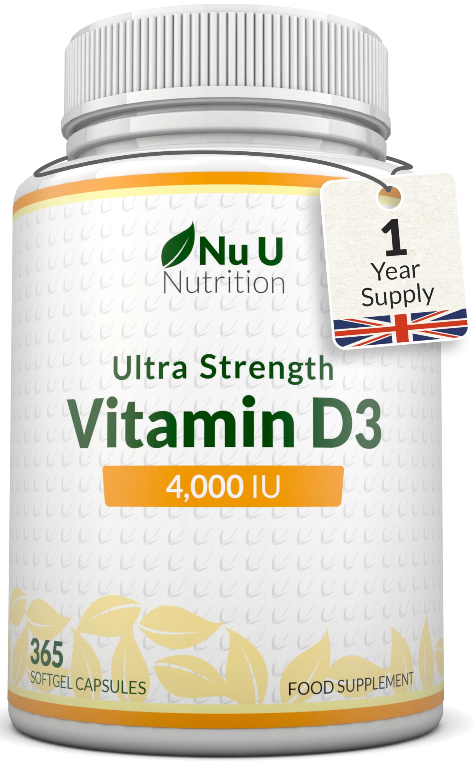 Nu U Nutrition - Vitamin D 4000 IU - 365 Softgel Capsules not Tablets - 1 Year Supply - Quadruple Strength -Easy to Swallow - Vitamin D3 Supplement - Made in The UK